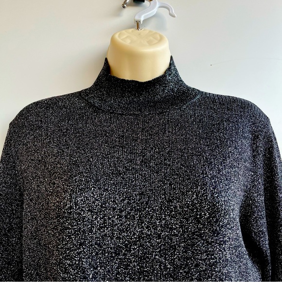 August Silk Black Metallic Silk Mock Neck Top Size M - Picture 2 of 7